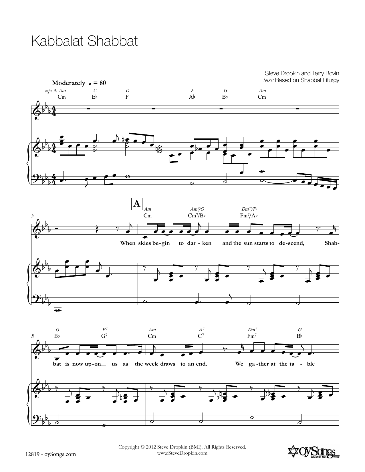 Steve Dropkin Kabbalat Shabbat Sheet Music Notes & Chords for Piano, Vocal & Guitar (Right-Hand Melody) - Download or Print PDF