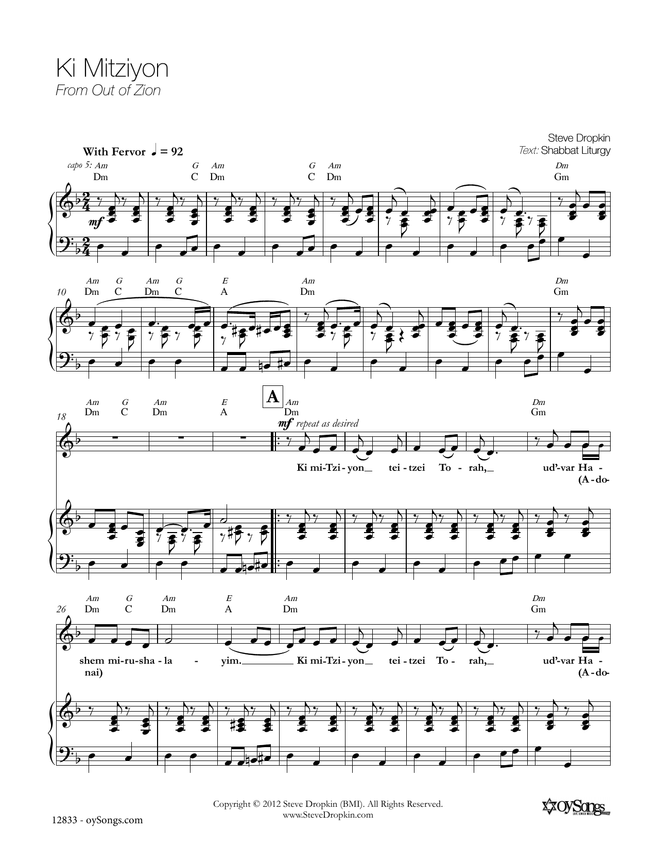 Steve Dropkin Ki Mitziyon Sheet Music Notes & Chords for Piano, Vocal & Guitar (Right-Hand Melody) - Download or Print PDF