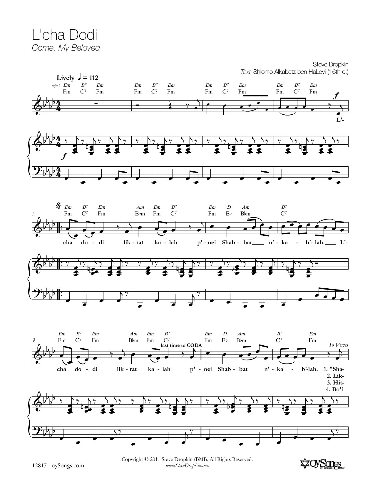 Steve Dropkin L'cha Dodi Sheet Music Notes & Chords for Piano, Vocal & Guitar (Right-Hand Melody) - Download or Print PDF