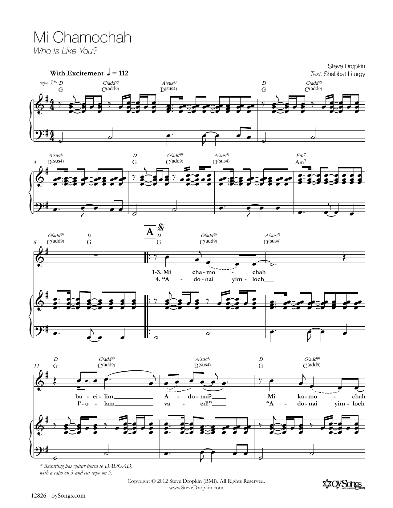 Steve Dropkin Mi Chamochah Sheet Music Notes & Chords for Piano, Vocal & Guitar (Right-Hand Melody) - Download or Print PDF