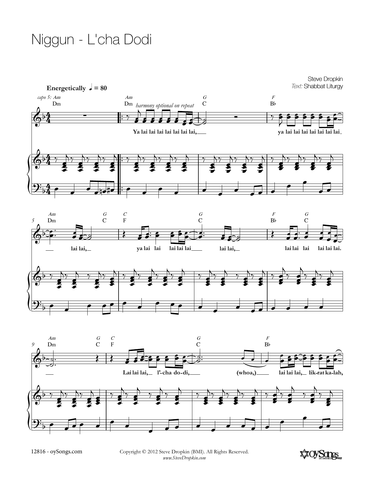 Steve Dropkin Niggun - L'chah Dodi Sheet Music Notes & Chords for Piano, Vocal & Guitar (Right-Hand Melody) - Download or Print PDF
