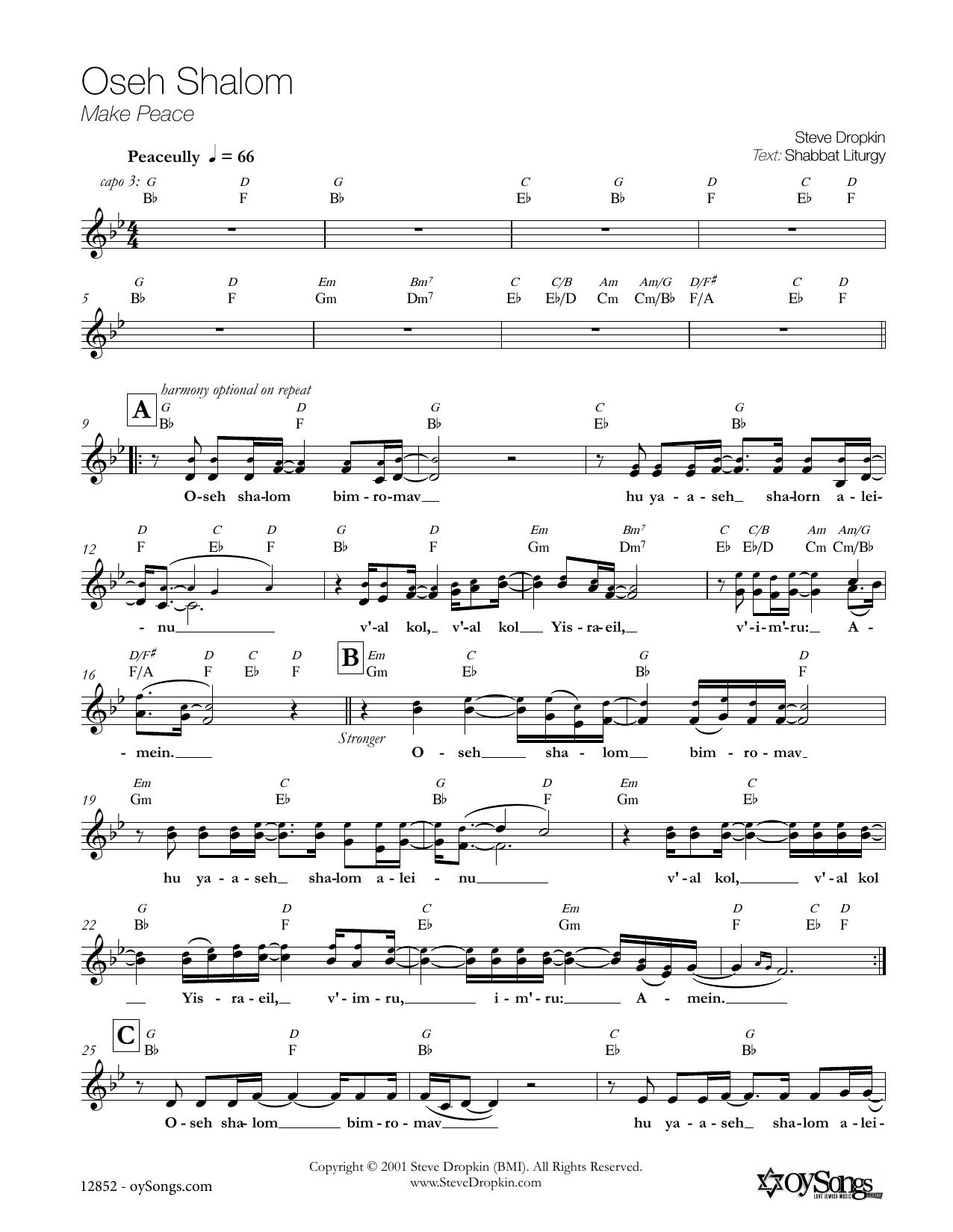 Steve Dropkin Oseh Shalom Sheet Music Notes & Chords for Melody Line, Lyrics & Chords - Download or Print PDF