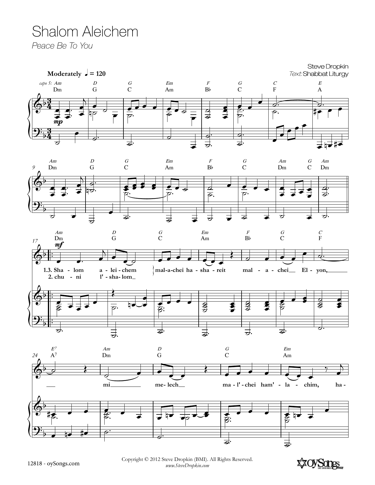 Steve Dropkin Shalom Aleichem Sheet Music Notes & Chords for Piano, Vocal & Guitar (Right-Hand Melody) - Download or Print PDF