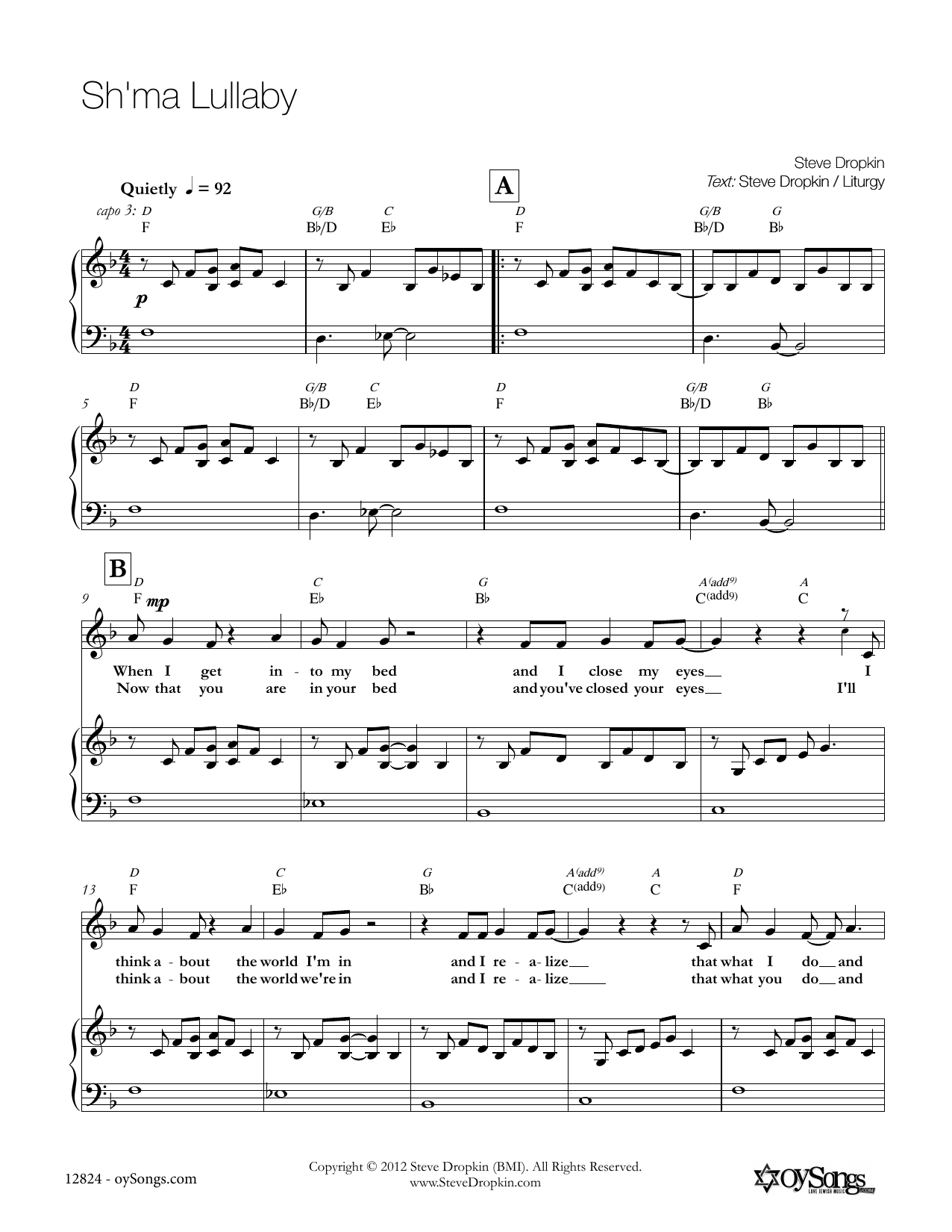 Steve Dropkin Sh'ma Lullaby Sheet Music Notes & Chords for Piano, Vocal & Guitar (Right-Hand Melody) - Download or Print PDF