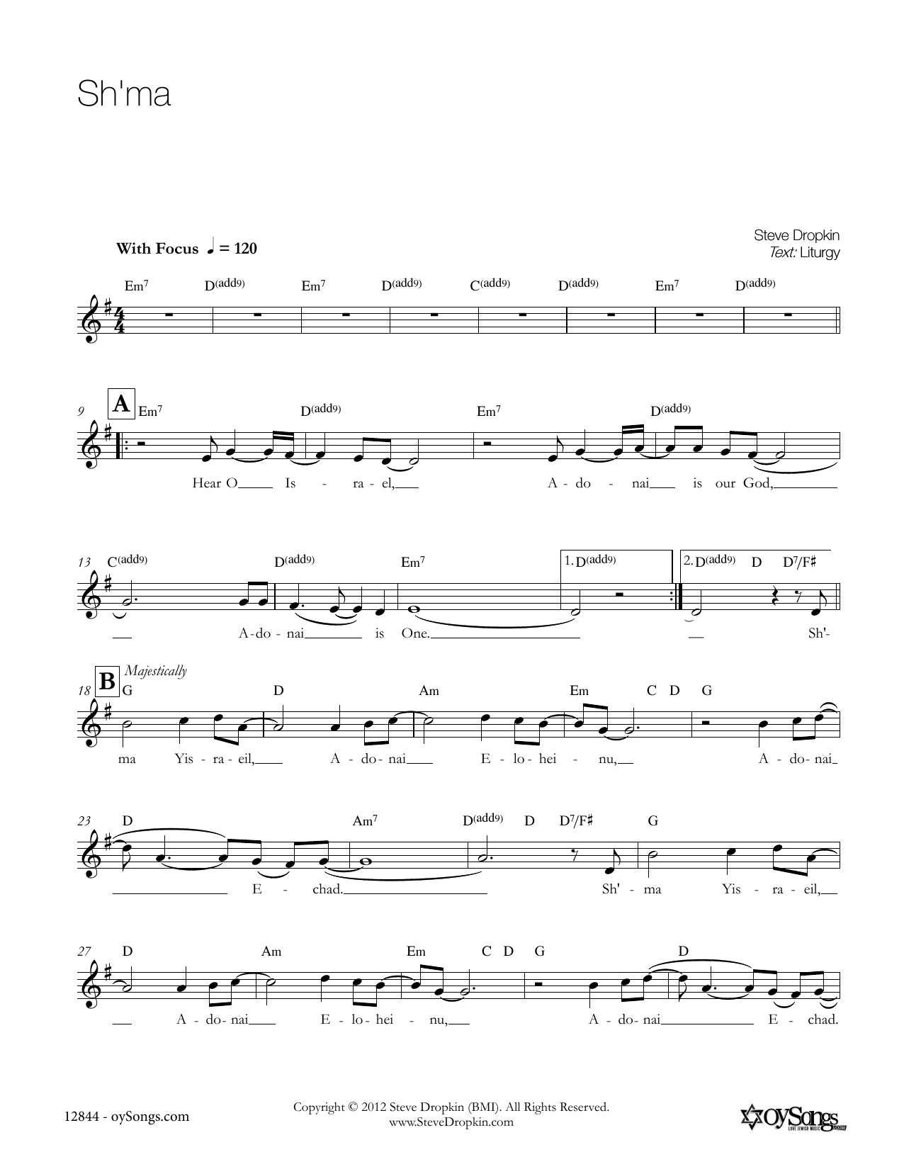 Steve Dropkin Sh'ma Sheet Music Notes & Chords for Piano, Vocal & Guitar (Right-Hand Melody) - Download or Print PDF