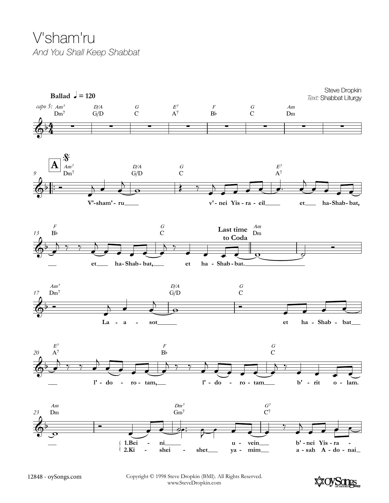 Steve Dropkin V'Sham'Ru Sheet Music Notes & Chords for Piano, Vocal & Guitar (Right-Hand Melody) - Download or Print PDF