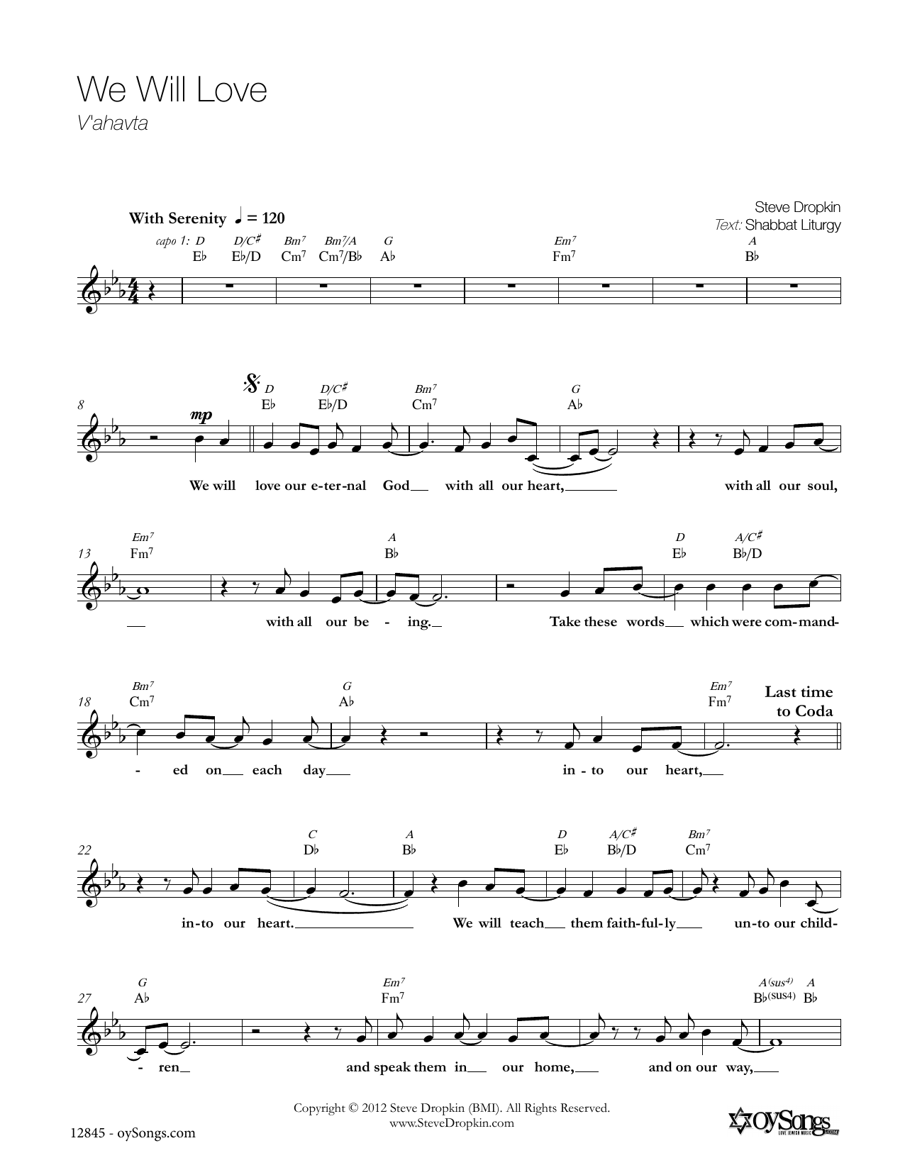 Steve Dropkin We Will Love Sheet Music Notes & Chords for Melody Line, Lyrics & Chords - Download or Print PDF