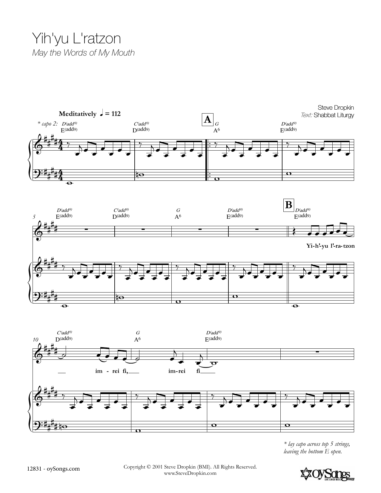 Steve Dropkin Yih'yu L'ratzon Sheet Music Notes & Chords for Piano, Vocal & Guitar (Right-Hand Melody) - Download or Print PDF
