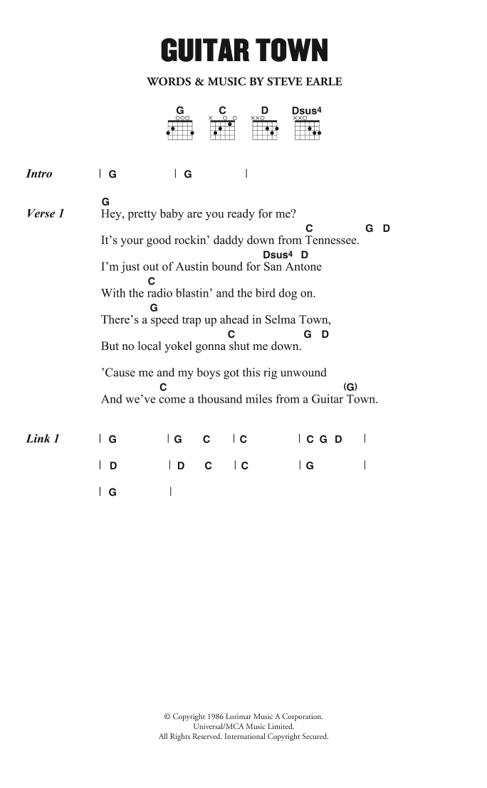 Steve Earle Guitar Town Sheet Music Notes & Chords for Piano, Vocal & Guitar (Right-Hand Melody) - Download or Print PDF