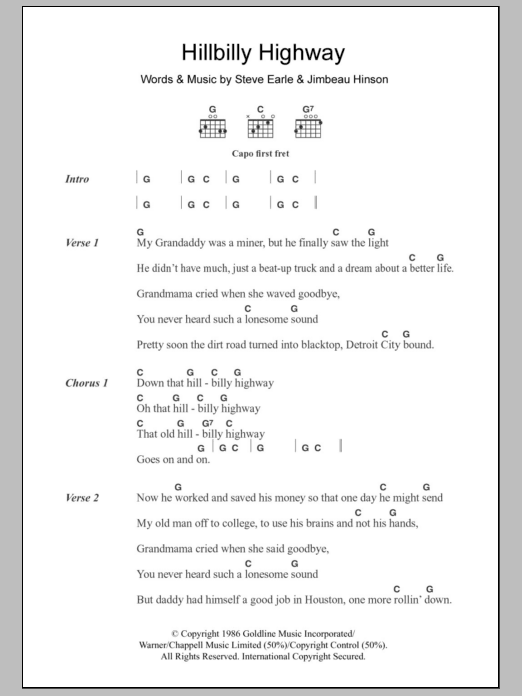 Steve Earle Hillbilly Highway Sheet Music Notes & Chords for Lyrics & Chords - Download or Print PDF