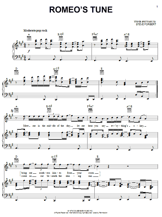 Steve Forbert Romeo's Tune Sheet Music Notes & Chords for Piano, Vocal & Guitar (Right-Hand Melody) - Download or Print PDF