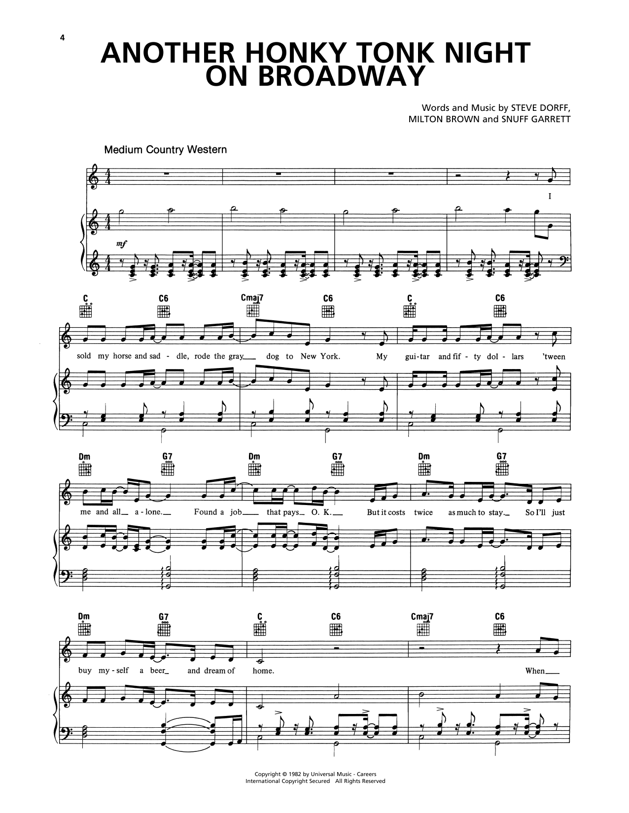 Steve Frizzell & Shelly West Another Honky-Tonk Night On Broadway Sheet Music Notes & Chords for Piano, Vocal & Guitar Chords (Right-Hand Melody) - Download or Print PDF