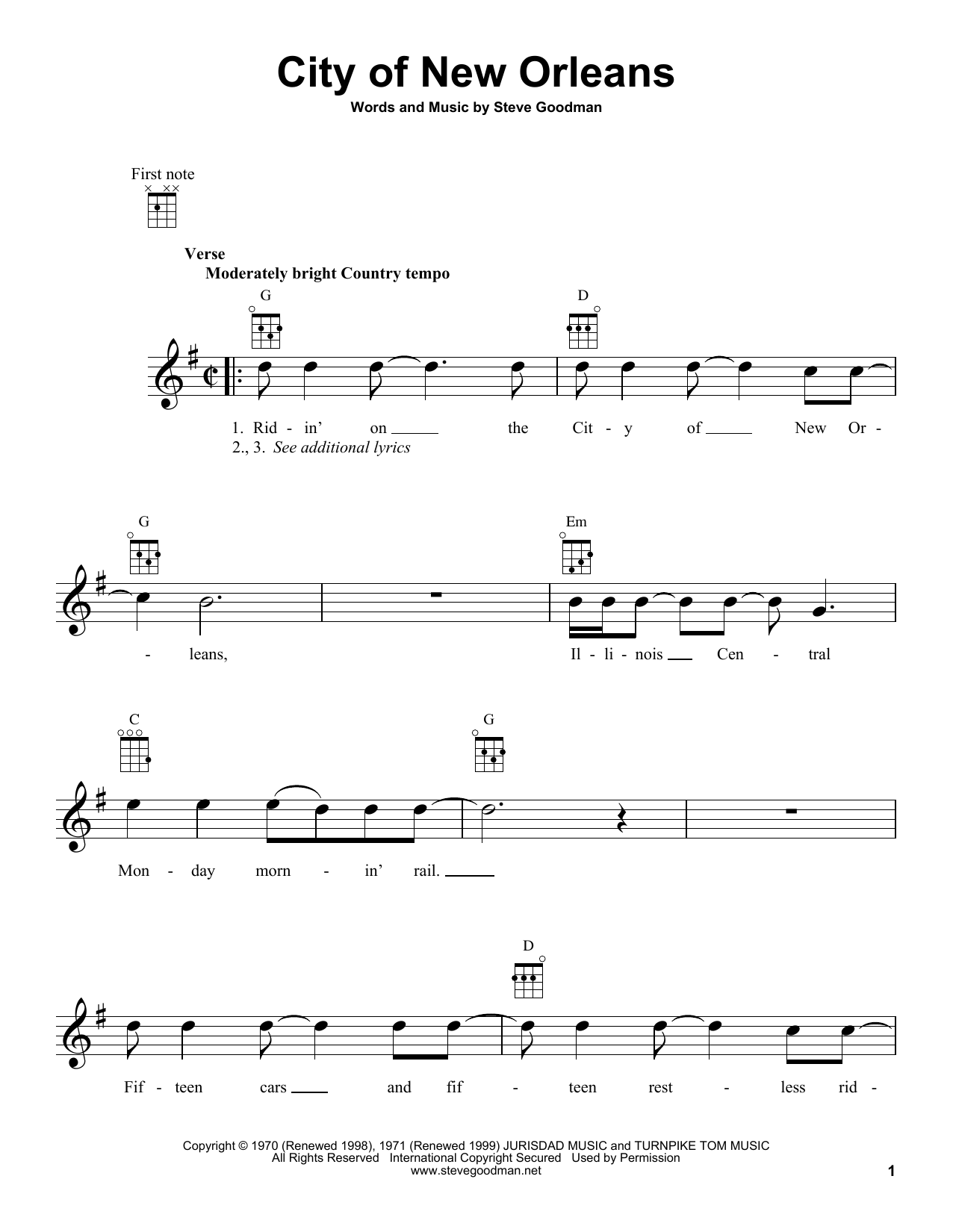 Steve Goodman City Of New Orleans Sheet Music Notes & Chords for Ukulele - Download or Print PDF