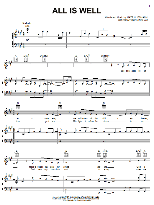 Steve Green All Is Well Sheet Music Notes & Chords for Piano, Vocal & Guitar (Right-Hand Melody) - Download or Print PDF