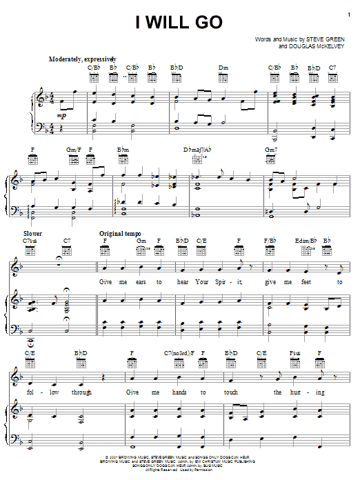 Steve Green I Will Go Sheet Music Notes & Chords for Piano, Vocal & Guitar (Right-Hand Melody) - Download or Print PDF
