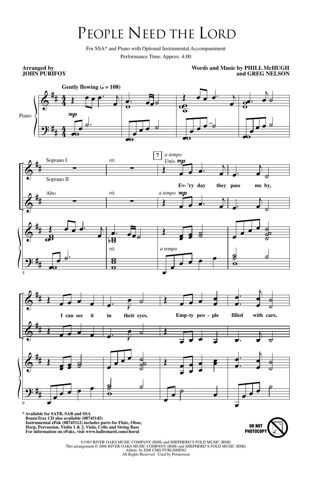 Steve Green People Need The Lord (arr. John Purifoy) Sheet Music Notes & Chords for SSA Choir - Download or Print PDF