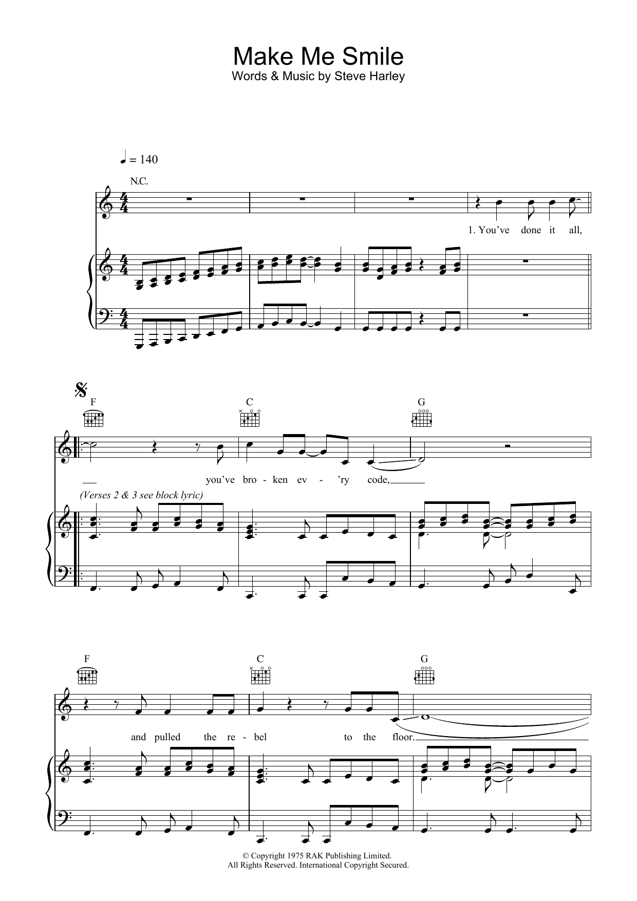 Steve Harley & Cockney Rebel Make Me Smile (Come Up And See Me) Sheet Music Notes & Chords for Piano, Vocal & Guitar (Right-Hand Melody) - Download or Print PDF