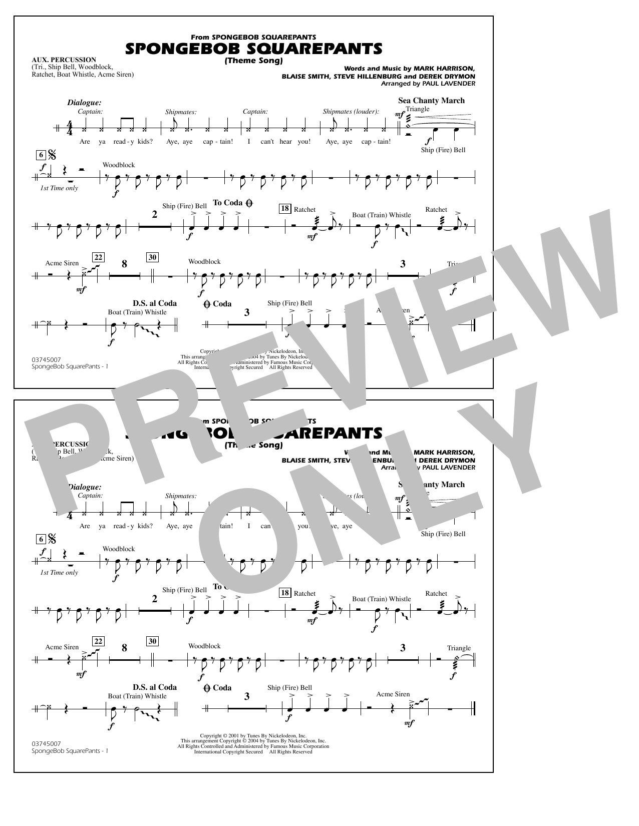Steve Hillenburg Spongebob Squarepants (Theme Song) (arr. Paul Lavender) - Aux Percussion Sheet Music Notes & Chords for Marching Band - Download or Print PDF