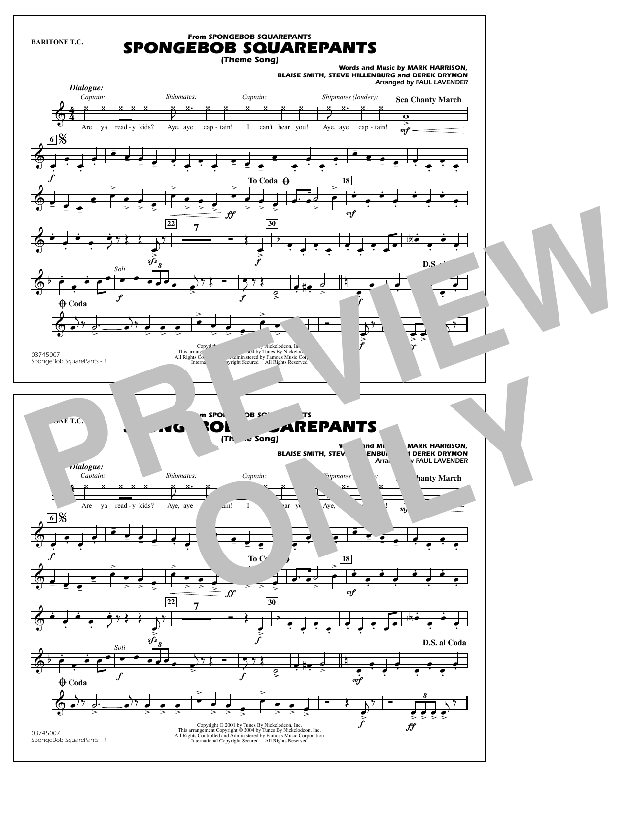 Steve Hillenburg Spongebob Squarepants (Theme Song) (arr. Paul Lavender) - Baritone T.C. Sheet Music Notes & Chords for Marching Band - Download or Print PDF