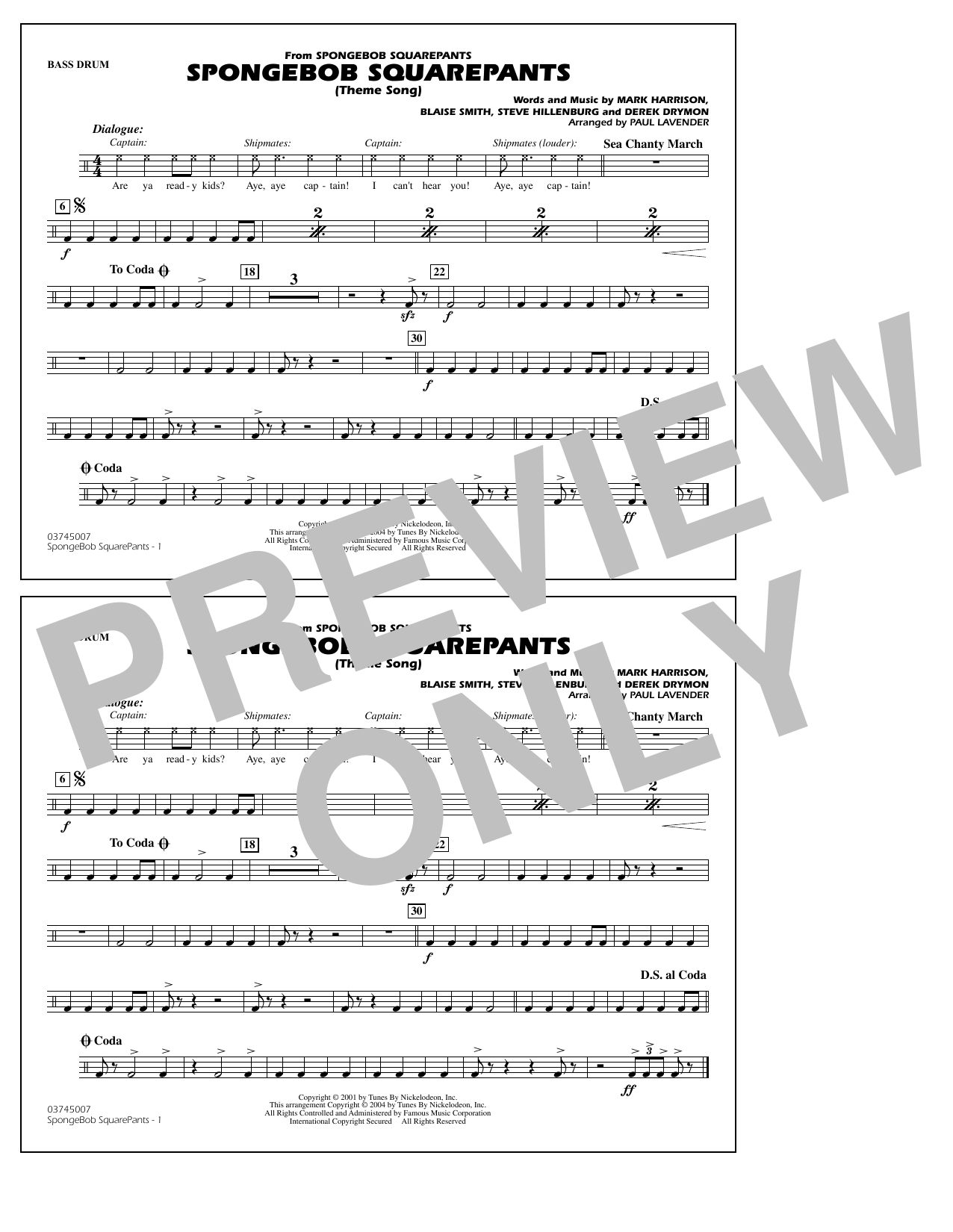 Steve Hillenburg Spongebob Squarepants (Theme Song) (arr. Paul Lavender) - Bass Drum Sheet Music Notes & Chords for Marching Band - Download or Print PDF