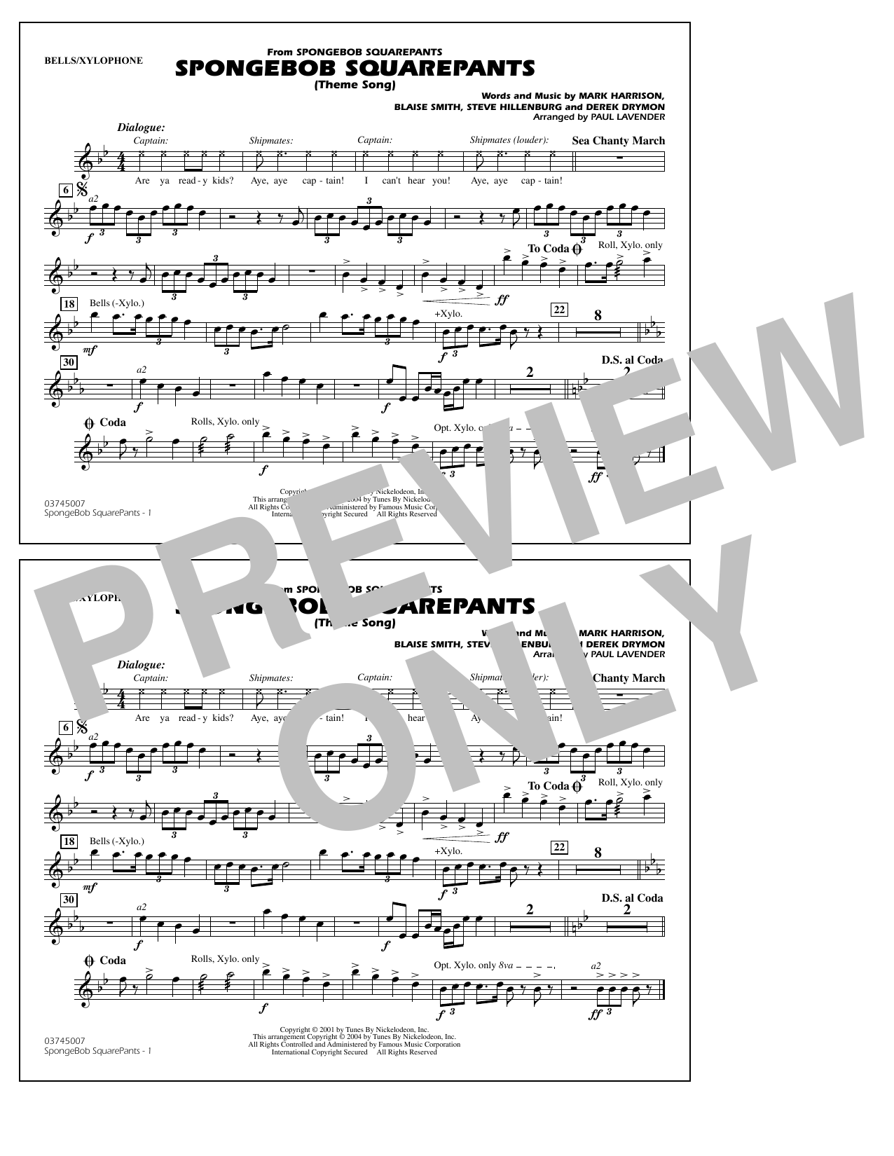 Steve Hillenburg Spongebob Squarepants (Theme Song) (arr. Paul Lavender) - Bells/Xylophone Sheet Music Notes & Chords for Marching Band - Download or Print PDF