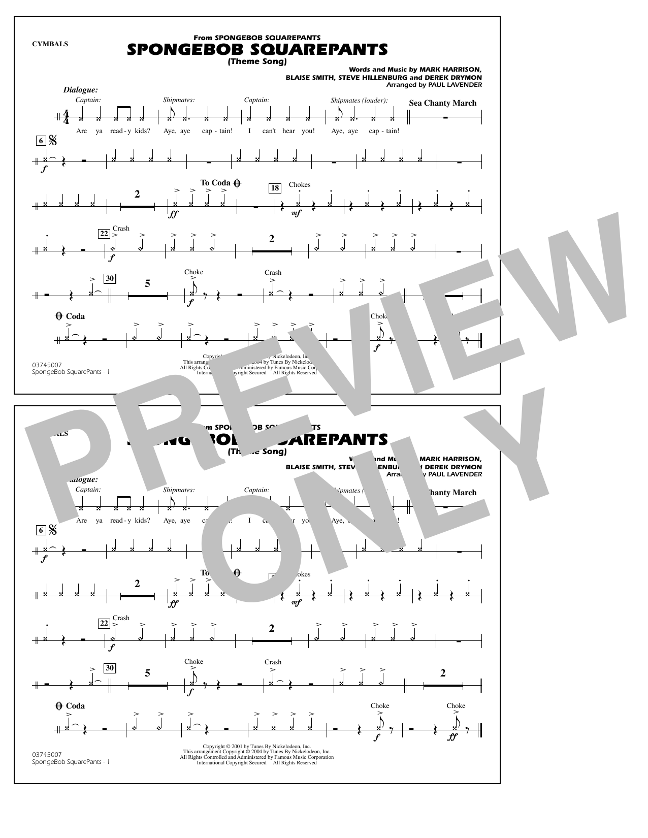 Steve Hillenburg Spongebob Squarepants (Theme Song) (arr. Paul Lavender) - Cymbals Sheet Music Notes & Chords for Marching Band - Download or Print PDF
