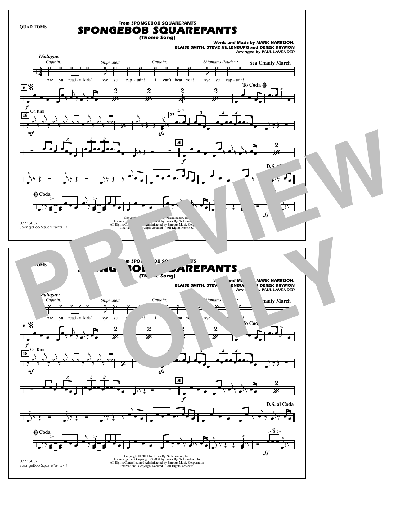 Steve Hillenburg Spongebob Squarepants (Theme Song) (arr. Paul Lavender) - Quad Toms Sheet Music Notes & Chords for Marching Band - Download or Print PDF