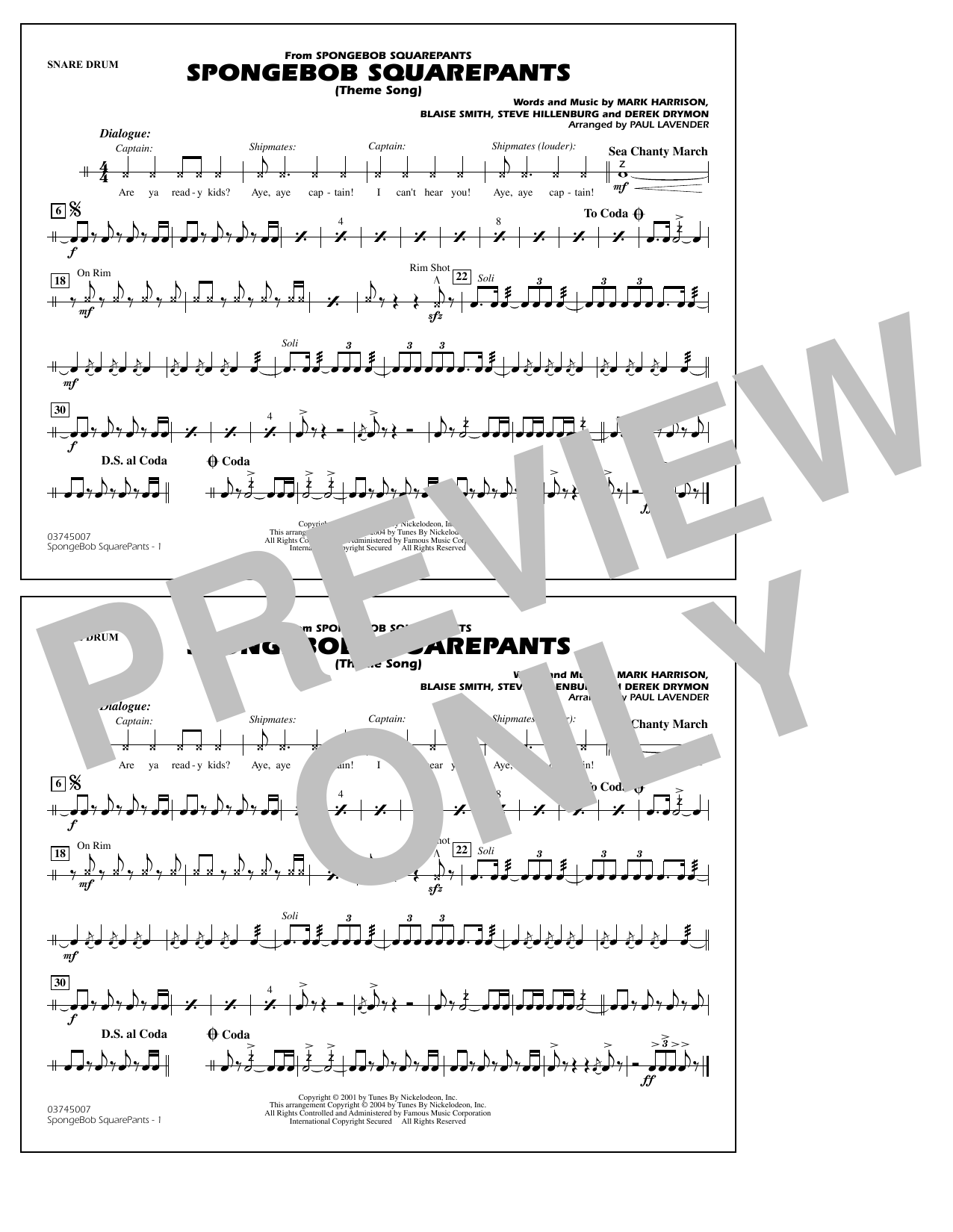 Steve Hillenburg Spongebob Squarepants (Theme Song) (arr. Paul Lavender) - Snare Drum Sheet Music Notes & Chords for Marching Band - Download or Print PDF