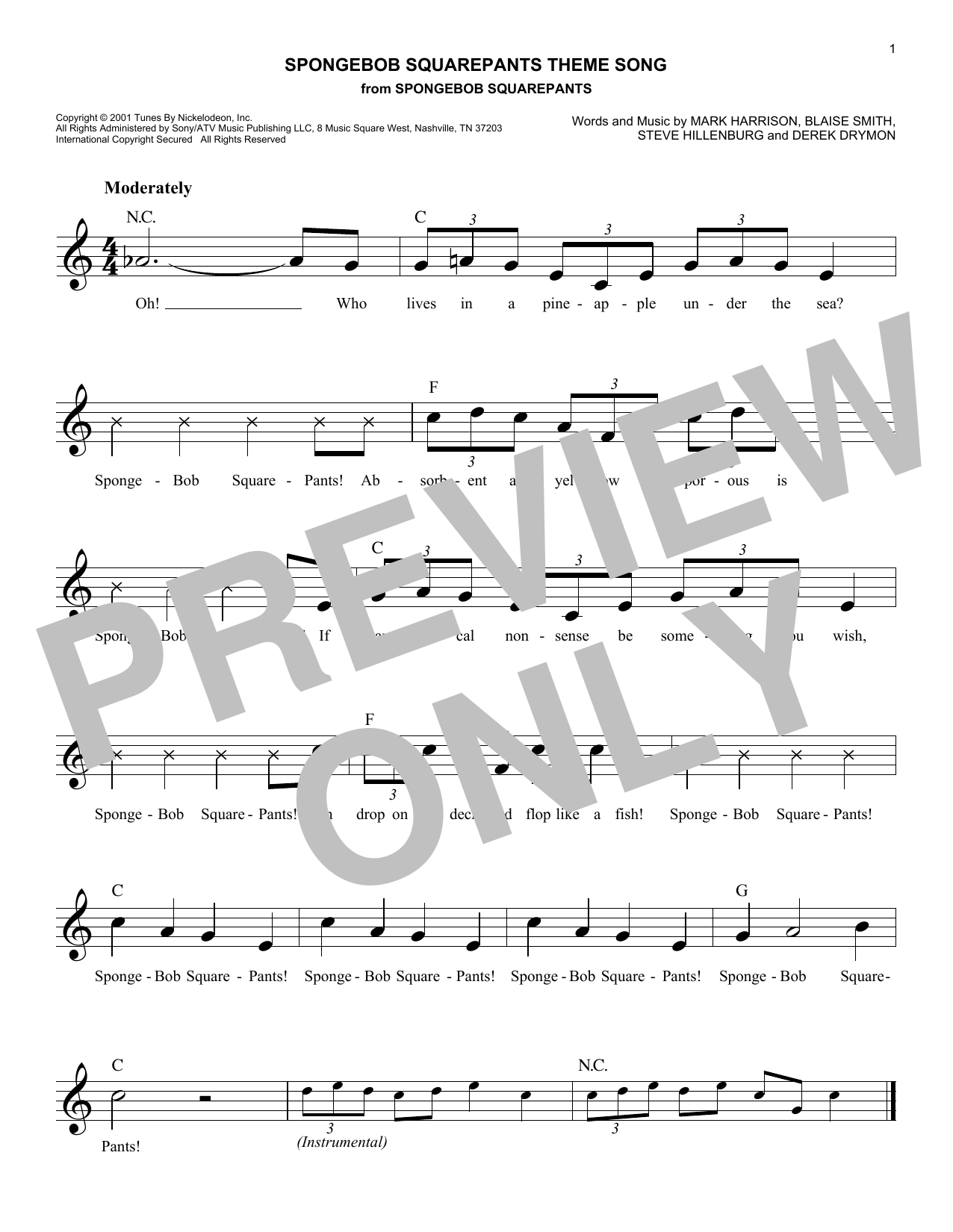 Steve Hillenburg SpongeBob SquarePants Theme Song Sheet Music Notes & Chords for Big Note Piano - Download or Print PDF