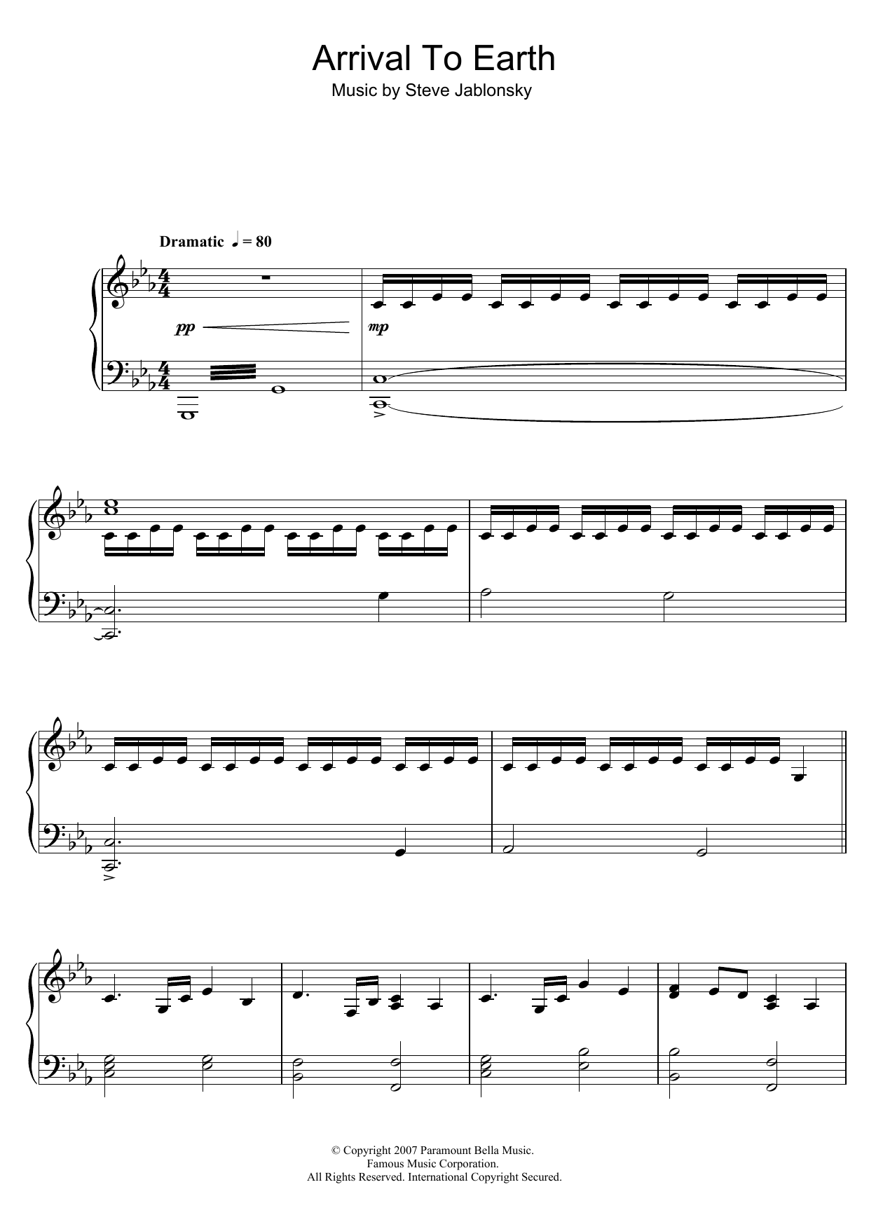 Steve Jablonsky Transformers - Arrival To Earth Sheet Music Notes & Chords for Piano - Download or Print PDF