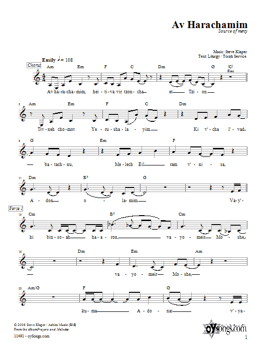Steve Klaper Av Harachamim Sheet Music Notes & Chords for Melody Line, Lyrics & Chords - Download or Print PDF