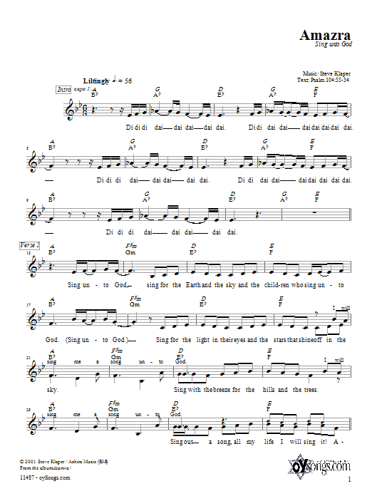 Steve Klaper Azamra Sheet Music Notes & Chords for Melody Line, Lyrics & Chords - Download or Print PDF