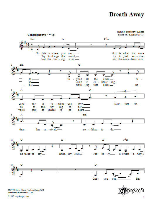 Steve Klaper Breath Away Sheet Music Notes & Chords for Melody Line, Lyrics & Chords - Download or Print PDF