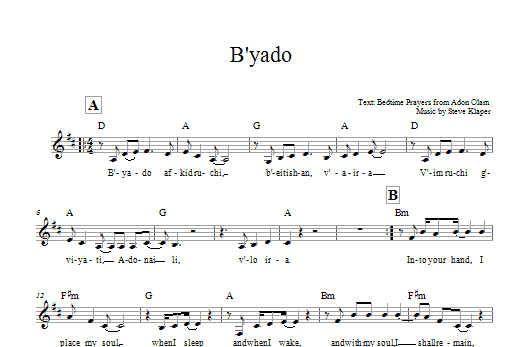 Steve Klaper B'yado Sheet Music Notes & Chords for Melody Line, Lyrics & Chords - Download or Print PDF