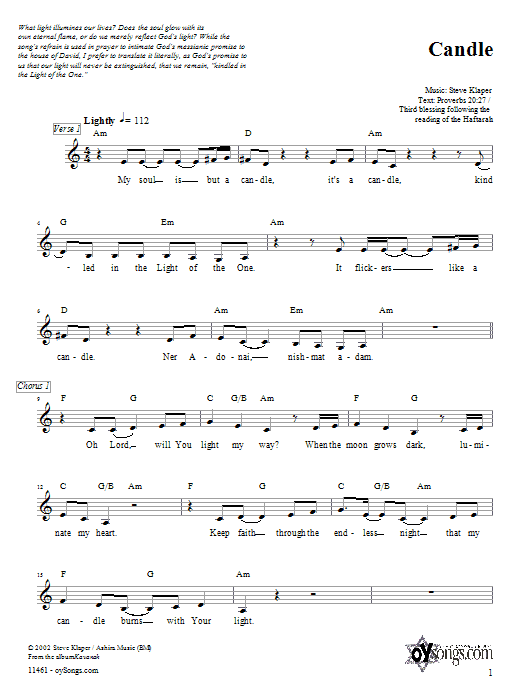 Steve Klaper Candle Sheet Music Notes & Chords for Melody Line, Lyrics & Chords - Download or Print PDF