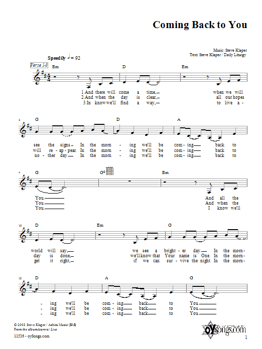 Steve Klaper Coming Back to You Sheet Music Notes & Chords for Melody Line, Lyrics & Chords - Download or Print PDF