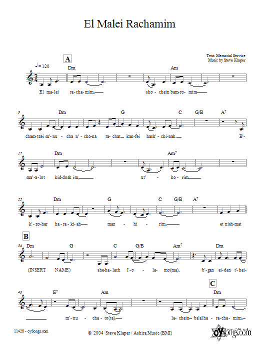 Steve Klaper El Malei Rachamim Sheet Music Notes & Chords for Melody Line, Lyrics & Chords - Download or Print PDF