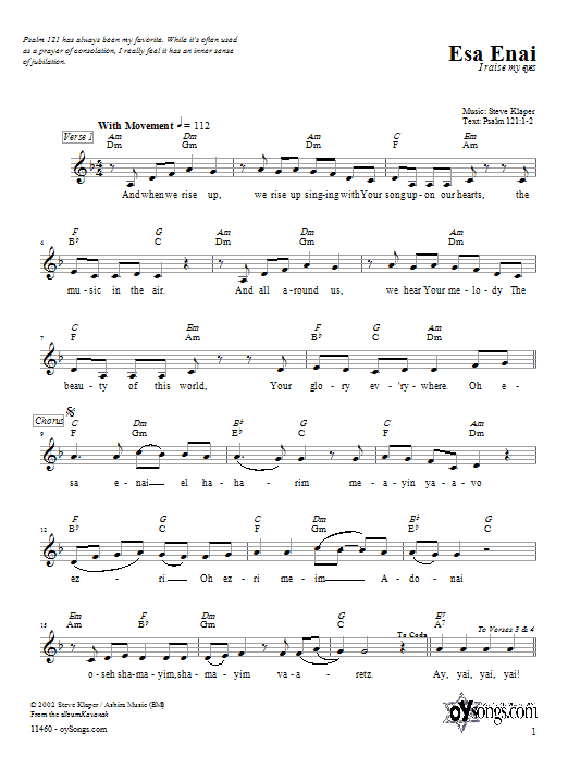 Steve Klaper Esa Enai Sheet Music Notes & Chords for Melody Line, Lyrics & Chords - Download or Print PDF