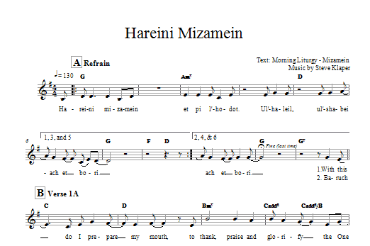 Steve Klaper Hareini Mizamein Sheet Music Notes & Chords for Melody Line, Lyrics & Chords - Download or Print PDF