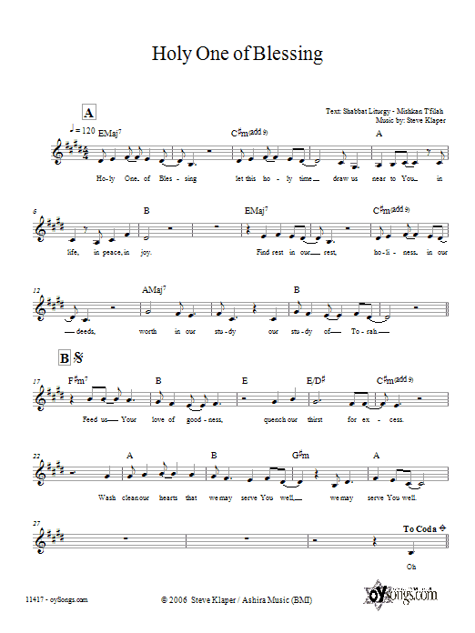 Steve Klaper Holy One of Blessing Sheet Music Notes & Chords for Melody Line, Lyrics & Chords - Download or Print PDF