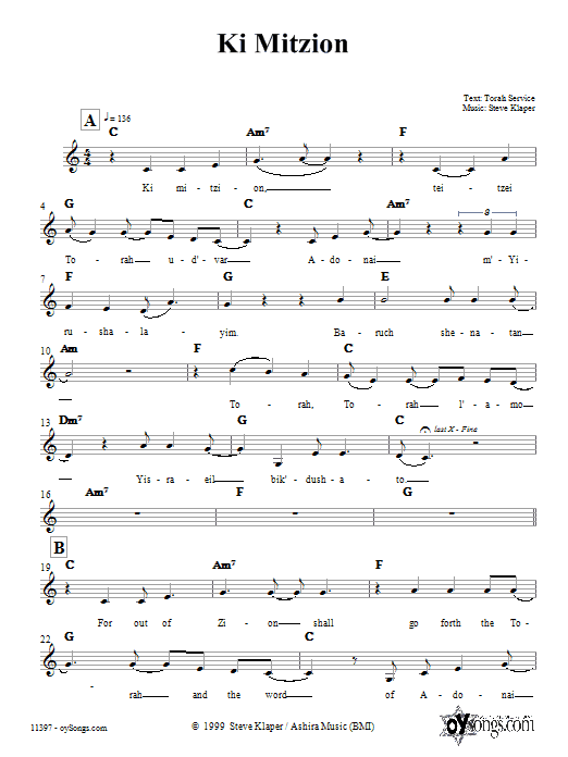 Steve Klaper Ki Mitzion Sheet Music Notes & Chords for Melody Line, Lyrics & Chords - Download or Print PDF