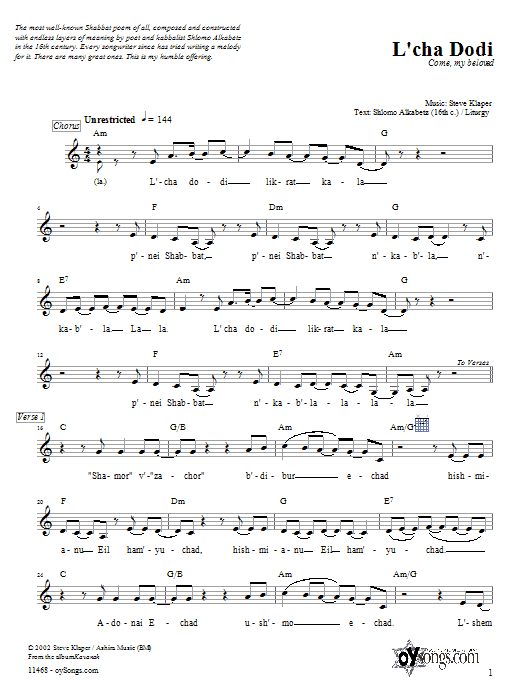 Steve Klaper L'cha Dodi Sheet Music Notes & Chords for Melody Line, Lyrics & Chords - Download or Print PDF