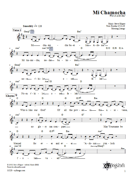 Steve Klaper Mi Chamocha (morning) Sheet Music Notes & Chords for Melody Line, Lyrics & Chords - Download or Print PDF