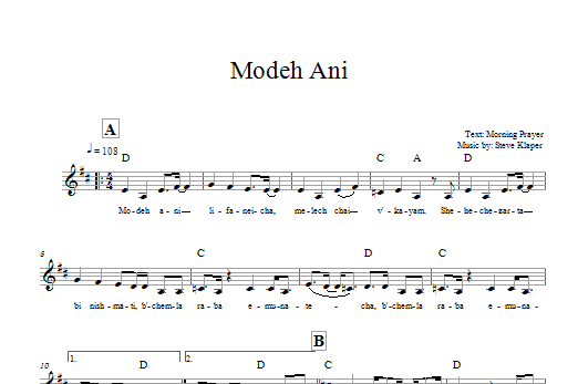 Steve Klaper Modeh Ani Sheet Music Notes & Chords for Melody Line, Lyrics & Chords - Download or Print PDF