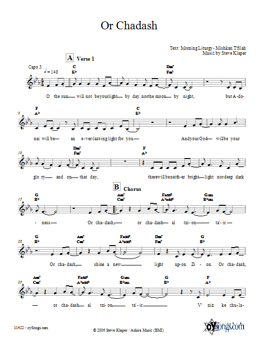 Steve Klaper Or Chadash Sheet Music Notes & Chords for Melody Line, Lyrics & Chords - Download or Print PDF