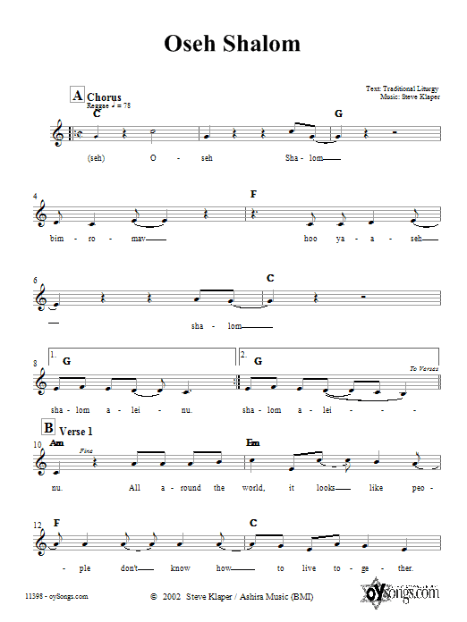 Steve Klaper Oseh Shalom Sheet Music Notes & Chords for Melody Line, Lyrics & Chords - Download or Print PDF