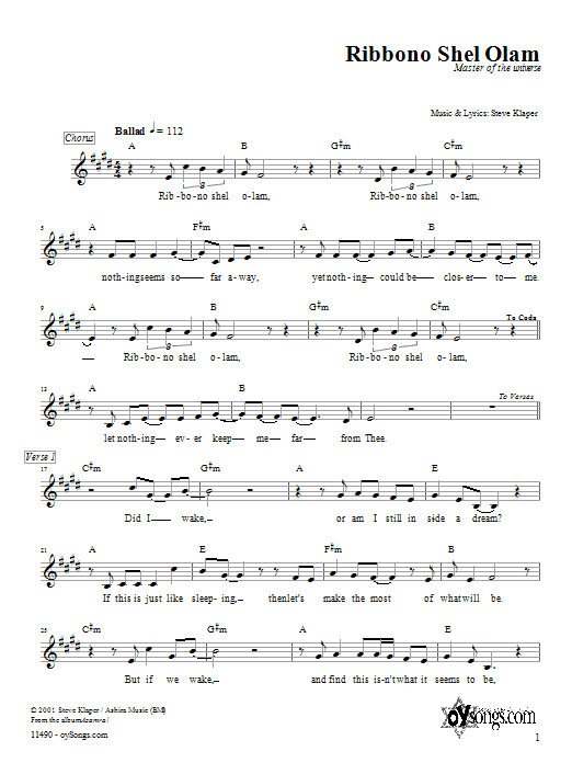 Steve Klaper Ribbono Shel Olam Sheet Music Notes & Chords for Melody Line, Lyrics & Chords - Download or Print PDF