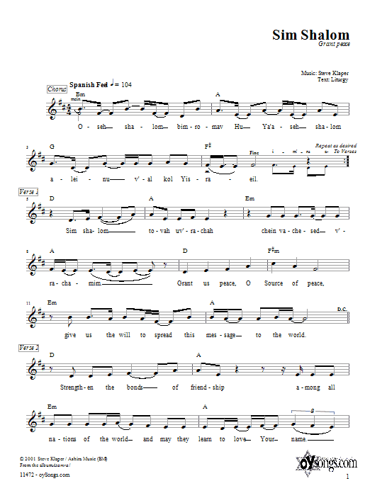 Steve Klaper Sim Shalom Sheet Music Notes & Chords for Melody Line, Lyrics & Chords - Download or Print PDF
