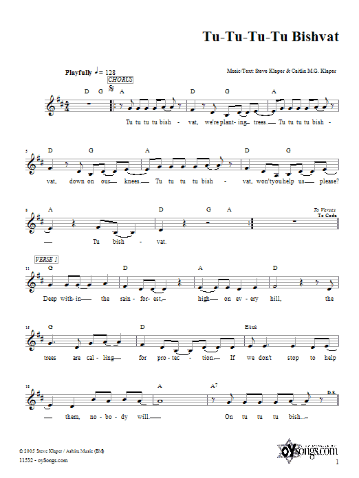 Steve Klaper Tu-Tu-Tu-Tu Bishvat Sheet Music Notes & Chords for Melody Line, Lyrics & Chords - Download or Print PDF