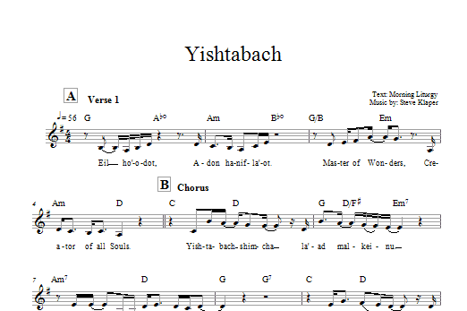Steve Klaper Yishtabach Sheet Music Notes & Chords for Melody Line, Lyrics & Chords - Download or Print PDF